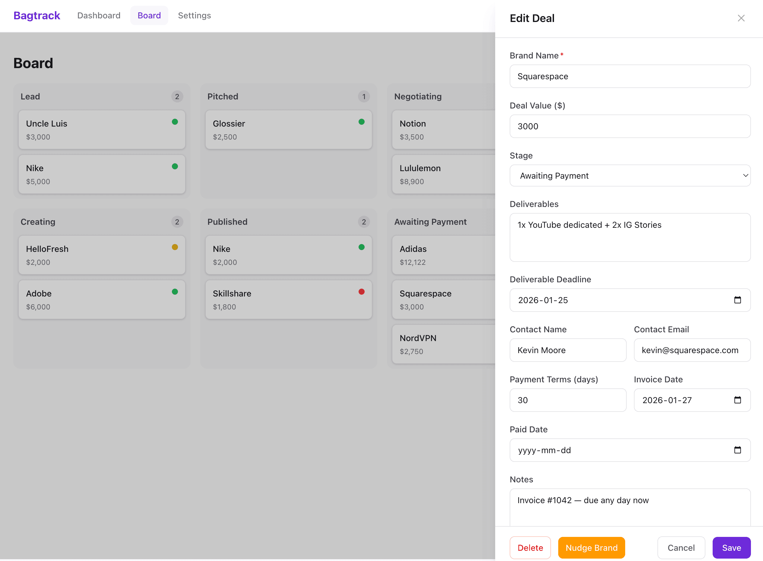 Bagtrack kanban board with deal cards across stages